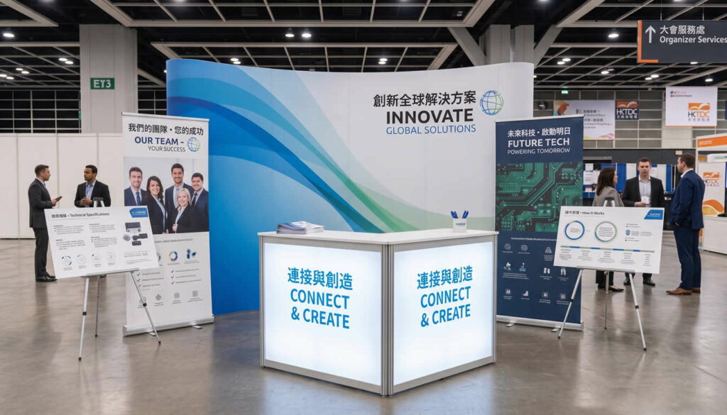 標準展覽攤位佈置:Backdrop、燈箱櫃檯、易拉架