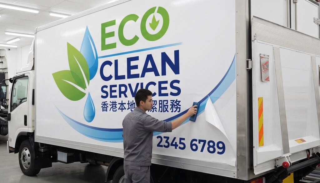 技師正在為客貨車安裝車身廣告貼紙