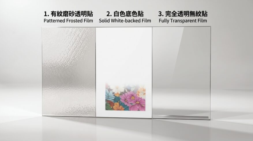 三種玻璃貼物料:磨砂貼、透明UV貼、白色油墨貼